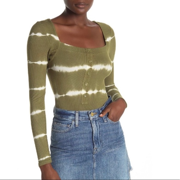 Ten Sixty Sherman Tops - Ten Sixty Sherman Women’s Olive Green Tie Dye Square Neckline Body Suit